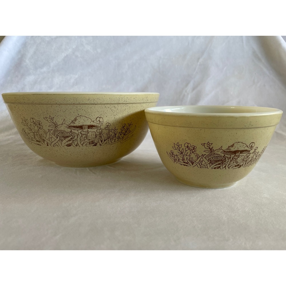 Pyrex Forest Fancies Mushroom Mixing Bowl Set‎ 401 403 Vintage Tan Speckled 2pc